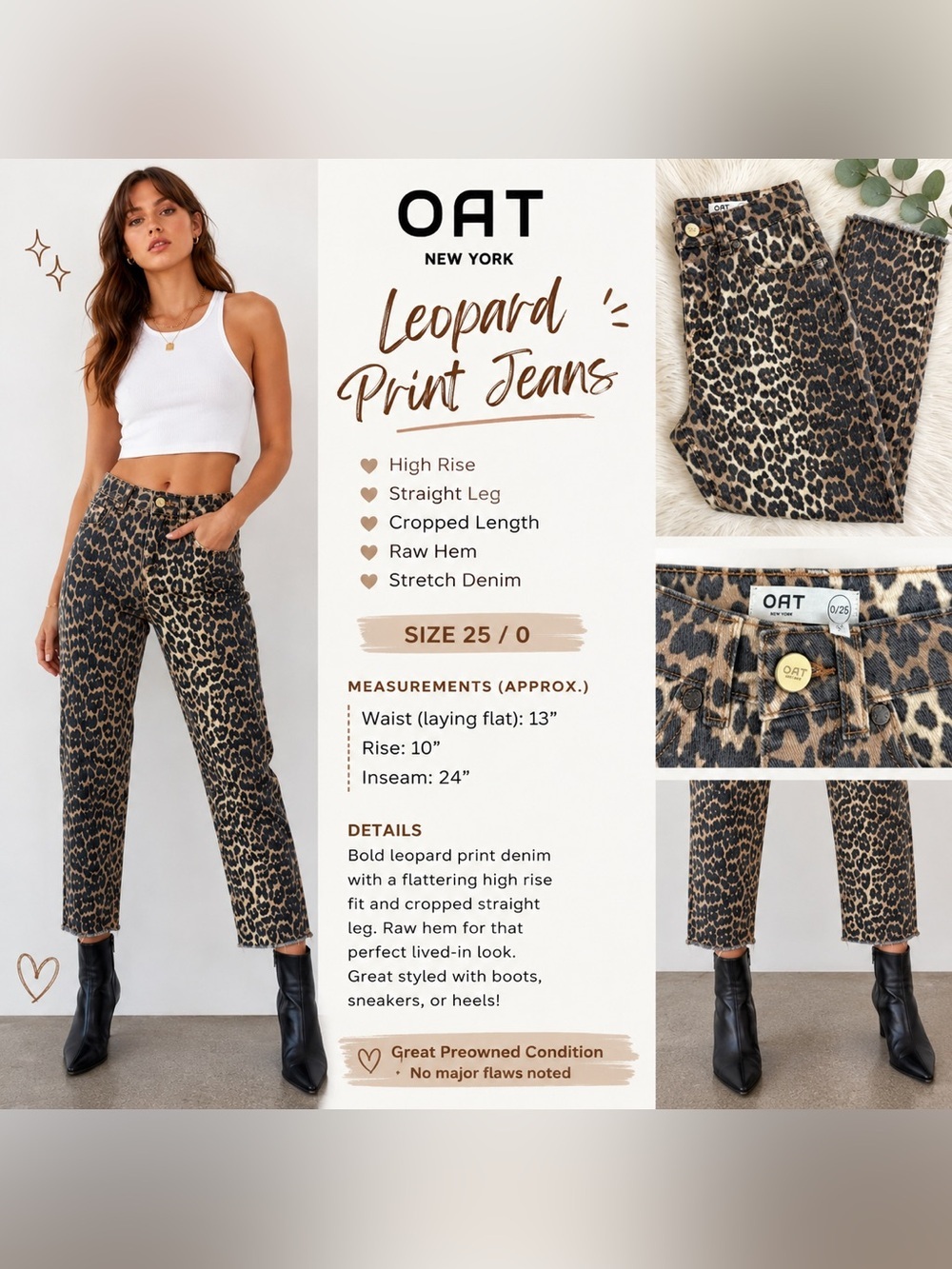 OAT New York Leopard Print High Rise Straight Crop Jeans Size 25
